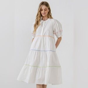 English Factory White Puff Sleeve Dress With Colored Piping